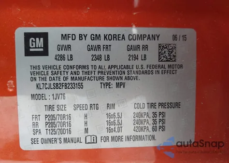 2015 Chevrolet Trax Lt из США, поврежденный, VIN KL7CJLSB2FB233155